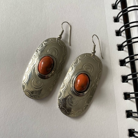 Jewelry - Vintage silver earrings 1 3/4 drop natural color stone